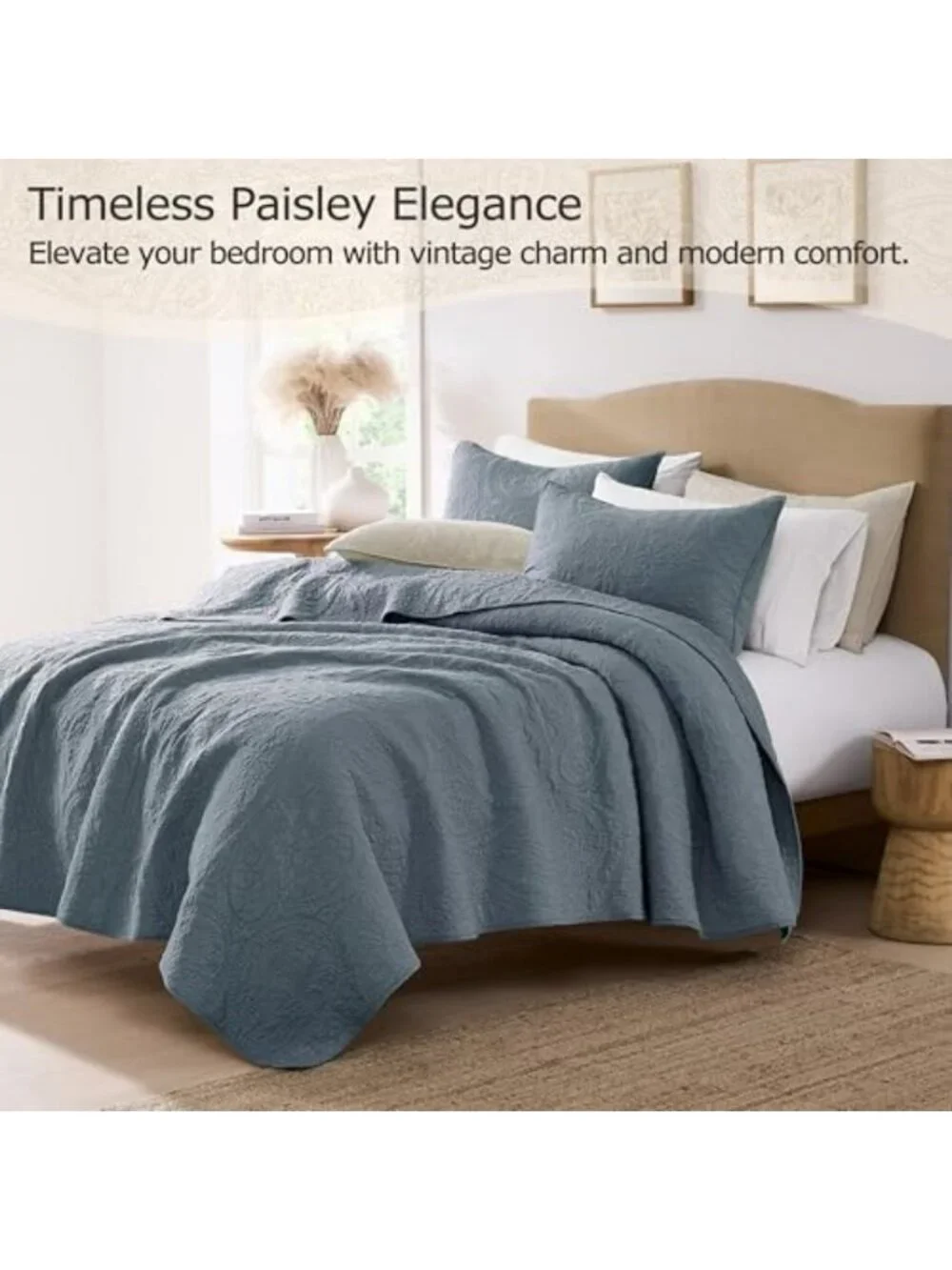 Dusty Blue Paisley King Quilt Set, 100% Cotton, Boho Floral Bedding, 3-Piece